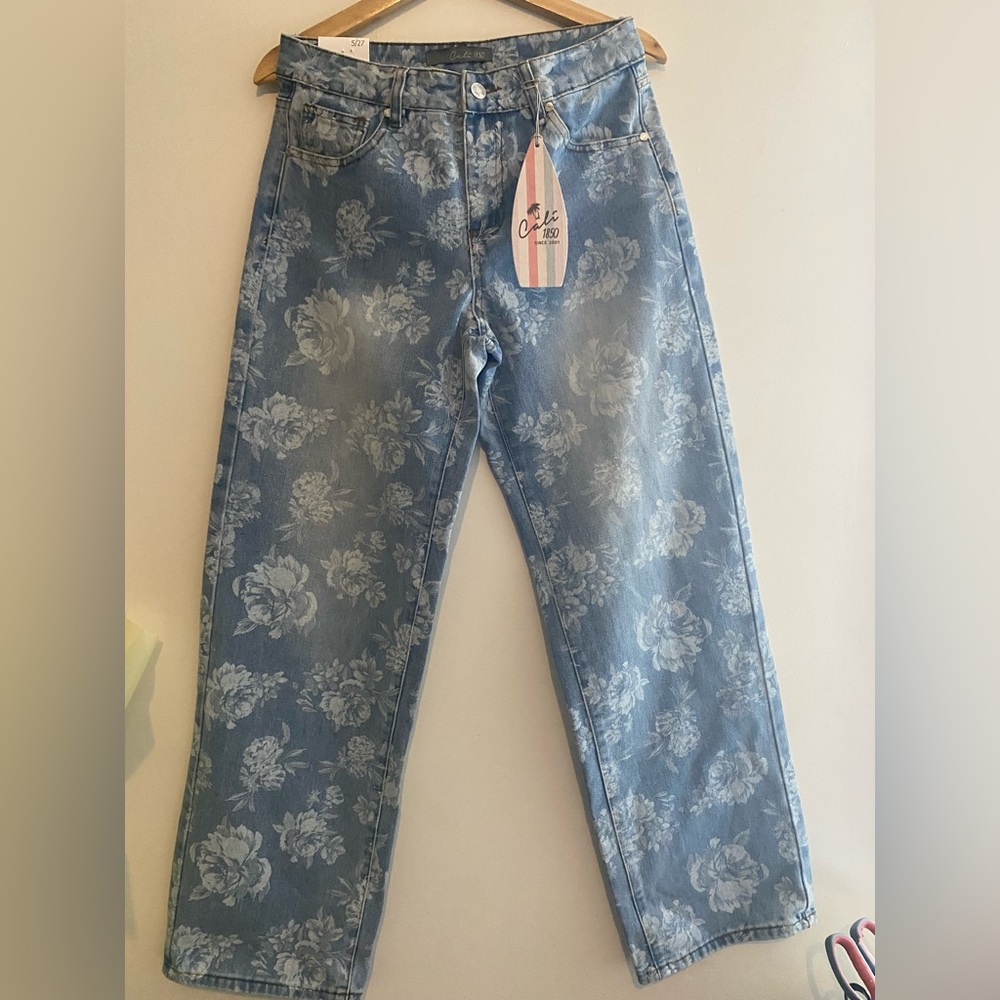 Cali 1850 Floral Patterned Light Blue Wide Leg Jeans - Picture 4 of 7